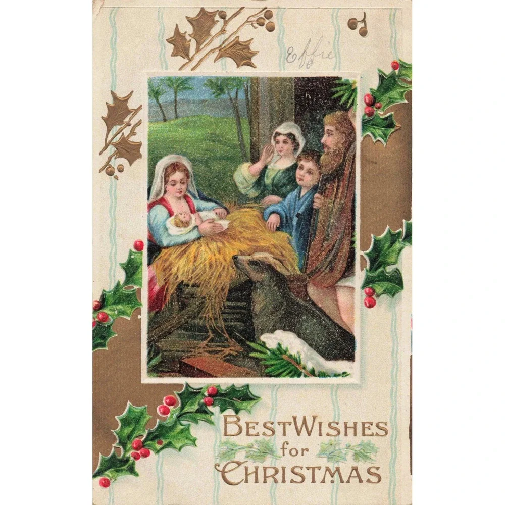 Antique 1910 Nativity Christmas Postcard Embossed Germany Berkshire NY Postmark